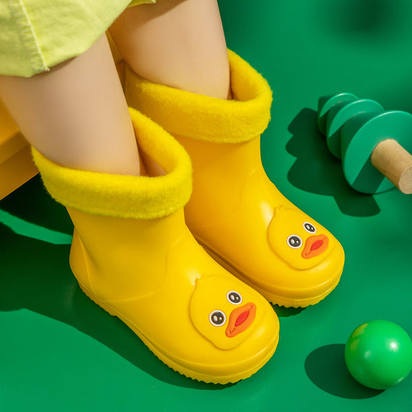 Kids Cartoon Rain Gear Set Eco Friendly Odorless Yellow Duck Raincoat & Matching 20Cm Boots With Detachable Warm Cotton Liner Raincoats