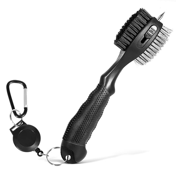 Black Premium Golf Club Cleaning Brush Extra Large Head Dual Bristles Retractable Zip Line & Groove Cleaner Spike Anti Slip Ergonomic Grip 29Cm Other