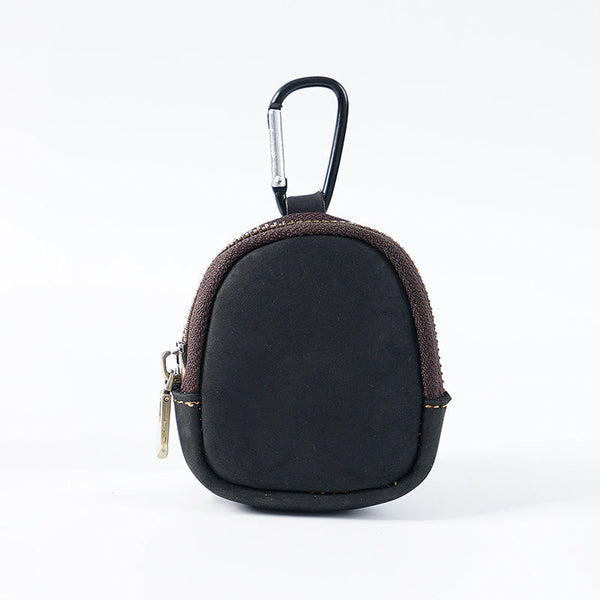 Black Genuine Crazy Horse Leather Mini Coin Purse Zipper Shell Pouch Small Earphone Case Key Holder With Carabiner Clip 8.5Cm For Travel Travel Wallet
