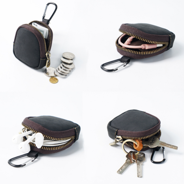 Black Genuine Crazy Horse Leather Mini Coin Purse Zipper Shell Pouch Small Earphone Case Key Holder With Carabiner Clip 8.5Cm For Travel Travel Wallet