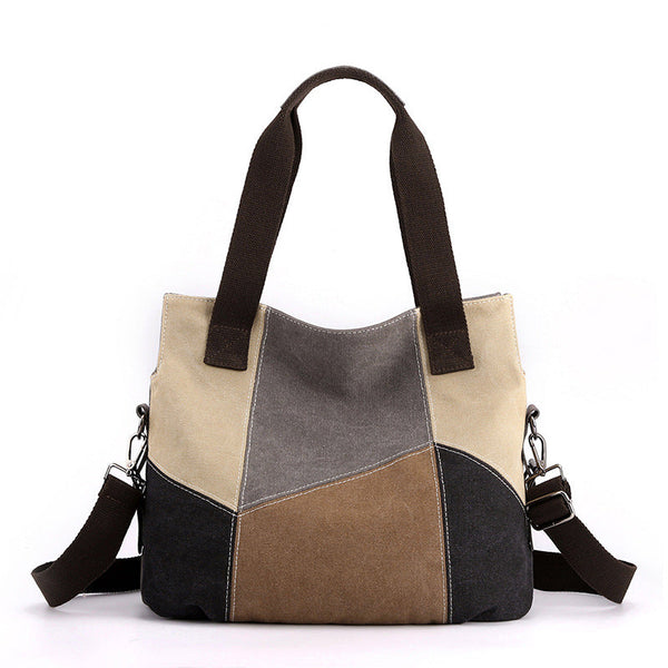 Grey Vintage Patchwork Canvas Tote Bag Large Capacity Multi Pocket Women's Shoulder Handbag For Office Travel And Daily Use Women's Bags & Handbags