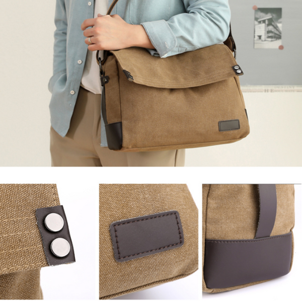 Khaki Men's Large Capacity Canvas Messenger Bag Lightweight Multi Pocket Crossbody Shoulder Bag For Work Casual Travel Ipad Compatible Bags