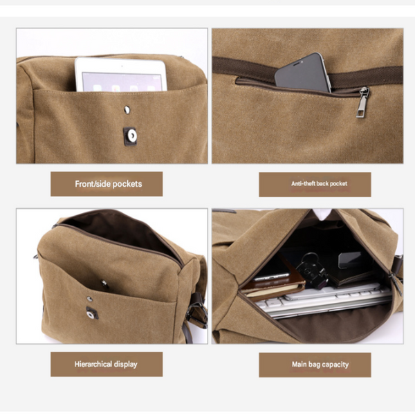 Khaki Men's Large Capacity Canvas Messenger Bag Lightweight Multi Pocket Crossbody Shoulder Bag For Work Casual Travel Ipad Compatible Bags