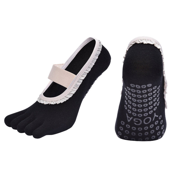 Black 2Pcs Women's 5 Finger Ballet Style Yoga Non Slip Grip Pilates & Dance With Elegant Lace Trim And Elastic Cross Strap Socks