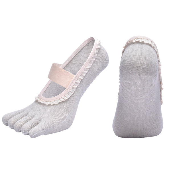 Grey 2Pcs Women's 5 Finger Ballet Style Yoga Non Slip Grip Pilates & Dance With Elegant Lace Trim And Elastic Cross Strap Socks