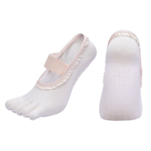 White 2Pcs Women's 5 Finger Ballet Style Yoga Non Slip Grip Pilates & Dance With Elegant Lace Trim And Elastic Cross Strap Socks