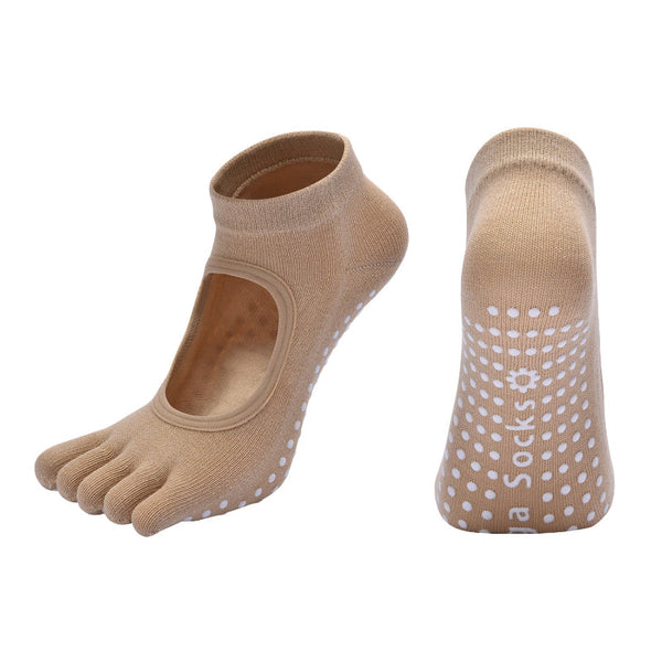 Beige 3 Pack Women's Non Slip Five Finger Yoga Open Back Combed Cotton Pilates & Fitness Grip For Professional Exercise Socks
