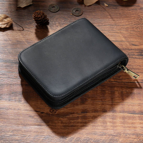 Black 12 Slot Genuine Crazy Horse Leather Fountain Pen Case Handcrafted Large Capacity Zippered Organizer & Stationery Pouch Pen Holders