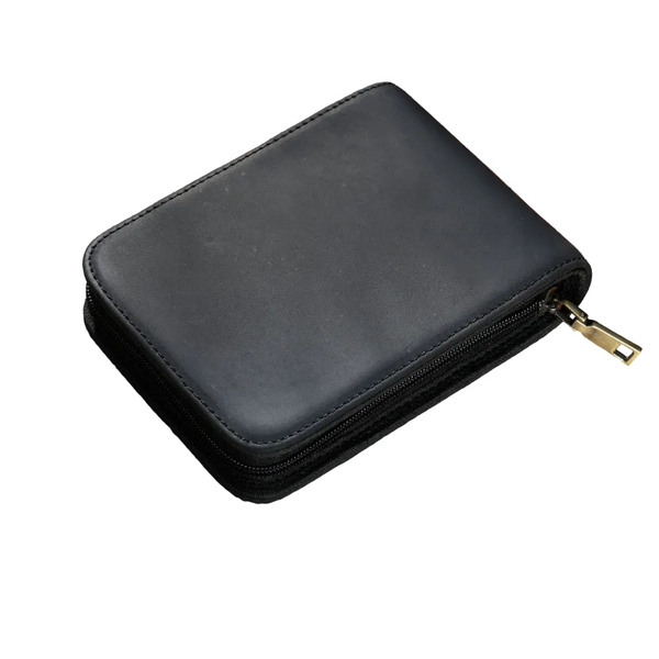 Black 12 Slot Genuine Crazy Horse Leather Fountain Pen Case Handcrafted Large Capacity Zippered Organizer & Stationery Pouch Pen Holders