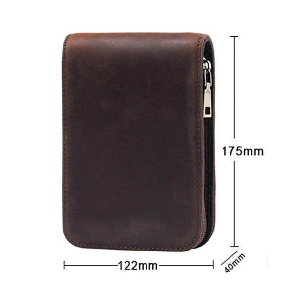 Black 12 Slot Genuine Crazy Horse Leather Fountain Pen Case Handcrafted Large Capacity Zippered Organizer & Stationery Pouch Pen Holders