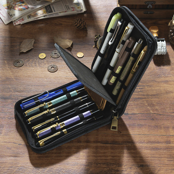 Black 12 Slot Genuine Crazy Horse Leather Fountain Pen Case Handcrafted Large Capacity Zippered Organizer & Stationery Pouch Pen Holders