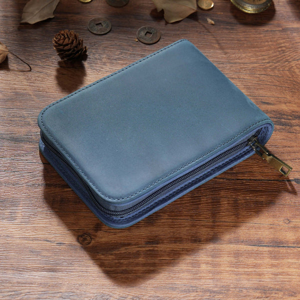 Blue 12 Slot Genuine Crazy Horse Leather Fountain Pen Case Handcrafted Large Capacity Zippered Organizer & Stationery Pouch Pen Holders