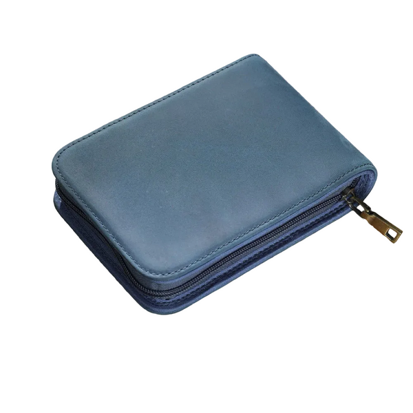 Blue 12 Slot Genuine Crazy Horse Leather Fountain Pen Case Handcrafted Large Capacity Zippered Organizer & Stationery Pouch Pen Holders