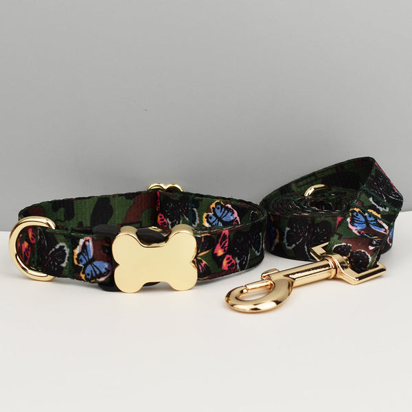 Xl Butterfly Boho Patterned Dog Collar With Gold Metal Bone Buckle Adjustable Tribal & Leopard Print Neck Strap For Puppies Dogs Leads & Head Collars