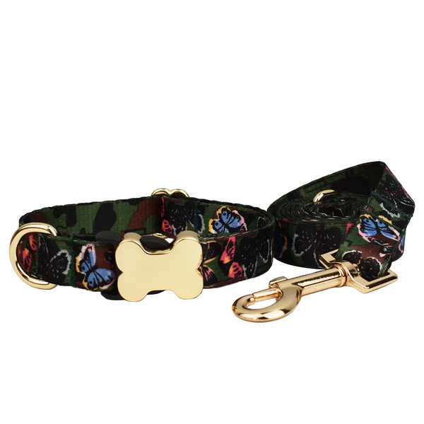 Xl Butterfly Boho Patterned Dog Collar With Gold Metal Bone Buckle Adjustable Tribal & Leopard Print Neck Strap For Puppies Dogs Leads & Head Collars