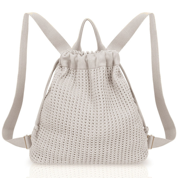 Grey Bohemian Crochet Knit Drawstring Backpack Hand Woven Versatile Tote & Shoulder Bag For Vacation Travel And Daily Use Women's Bags & Handbags