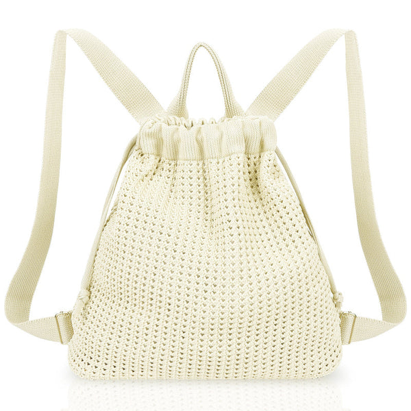 Beige Bohemian Crochet Knit Drawstring Backpack Hand Woven Versatile Tote & Shoulder Bag For Vacation Travel And Daily Use Women's Bags & Handbags