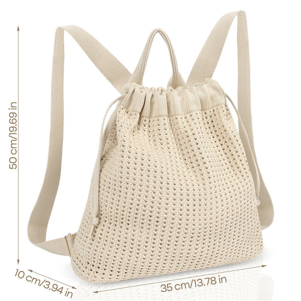 Beige Bohemian Crochet Knit Drawstring Backpack Hand Woven Versatile Tote & Shoulder Bag For Vacation Travel And Daily Use Women's Bags & Handbags