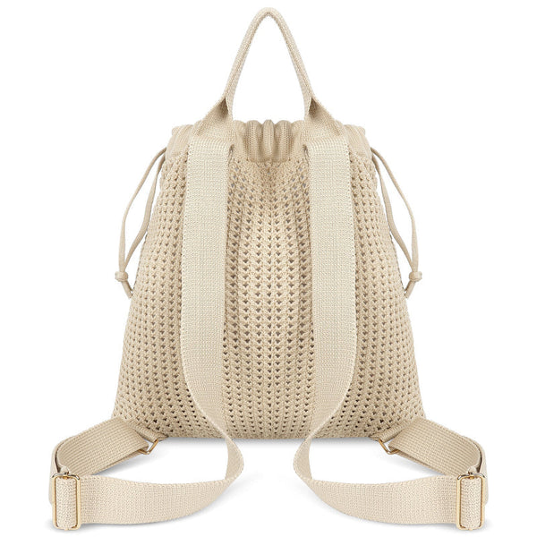 Beige Bohemian Crochet Knit Drawstring Backpack Hand Woven Versatile Tote & Shoulder Bag For Vacation Travel And Daily Use Women's Bags & Handbags