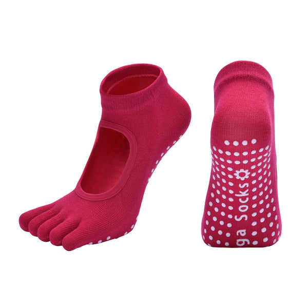 Rose Red 3 Pack Women's Non Slip Five Finger Yoga Open Back Combed Cotton Pilates & Fitness Grip For Professional Exercise Socks