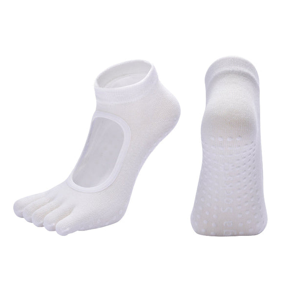 White 3 Pack Women's Non Slip Five Finger Yoga Open Back Combed Cotton Pilates & Fitness Grip For Professional Exercise Socks