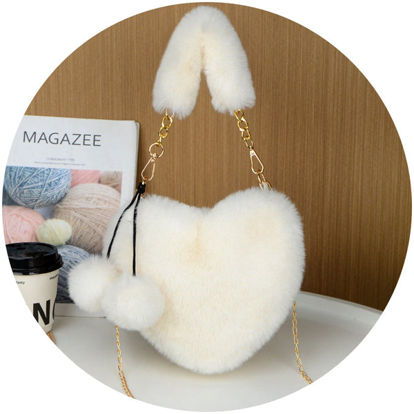 Beige 2Pcs Luxury Faux Rabbit Fur Heart Shaped Handbag | Adorable Plush Crossbody Shoulder Bag Fashionable Statement Piece Women's Bags & Handbags