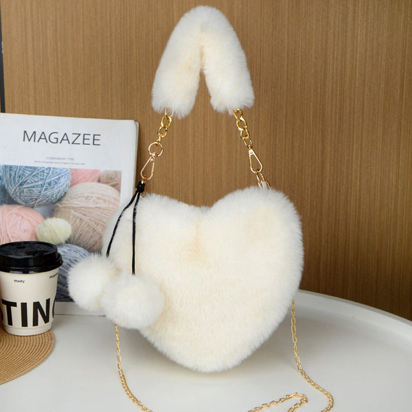 Beige 2Pcs Luxury Faux Rabbit Fur Heart Shaped Handbag | Adorable Plush Crossbody Shoulder Bag Fashionable Statement Piece Women's Bags & Handbags
