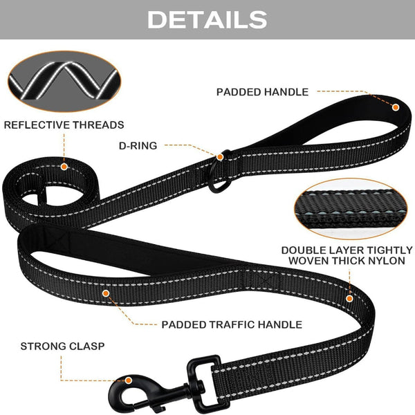 Black 2.5 Meter Heavy Duty Reflective Dog Leash Double Padded Traffic Handle Anti Chafe Tightly Woven Nylon For Large Dogs Leads & Head Collars