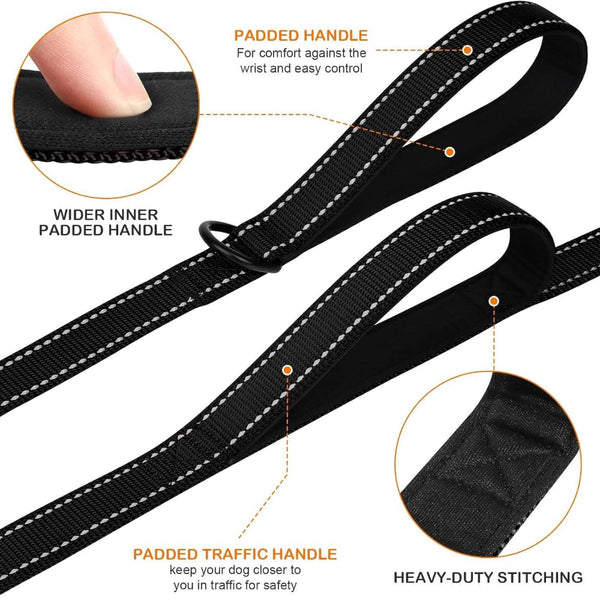 Black 2.5 Meter Heavy Duty Reflective Dog Leash Double Padded Traffic Handle Anti Chafe Tightly Woven Nylon For Large Dogs Leads & Head Collars