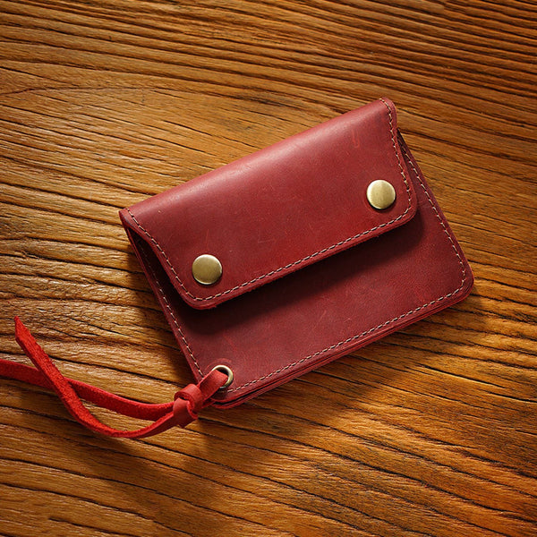 Handmade Crazy Horse Leather Wallet Vintage Coin Purse Zipper Card Holder With Strap Snap Closure Top Layer Cowhide 12Cm Wallets