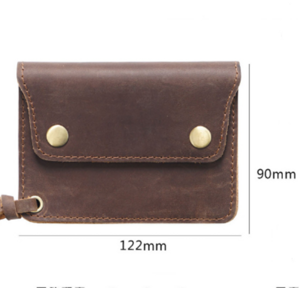 Handmade Crazy Horse Leather Wallet Vintage Coin Purse Zipper Card Holder With Strap Snap Closure Top Layer Cowhide 12Cm Wallets