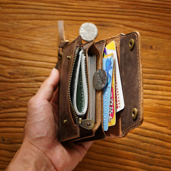 Handmade Crazy Horse Leather Wallet Vintage Coin Purse Zipper Card Holder With Strap Snap Closure Top Layer Cowhide 12Cm Wallets