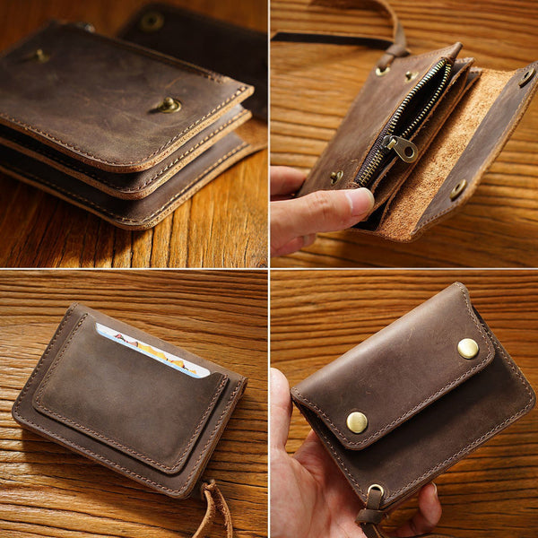 Handmade Crazy Horse Leather Wallet Vintage Coin Purse Zipper Card Holder With Strap Snap Closure Top Layer Cowhide 12Cm Wallets