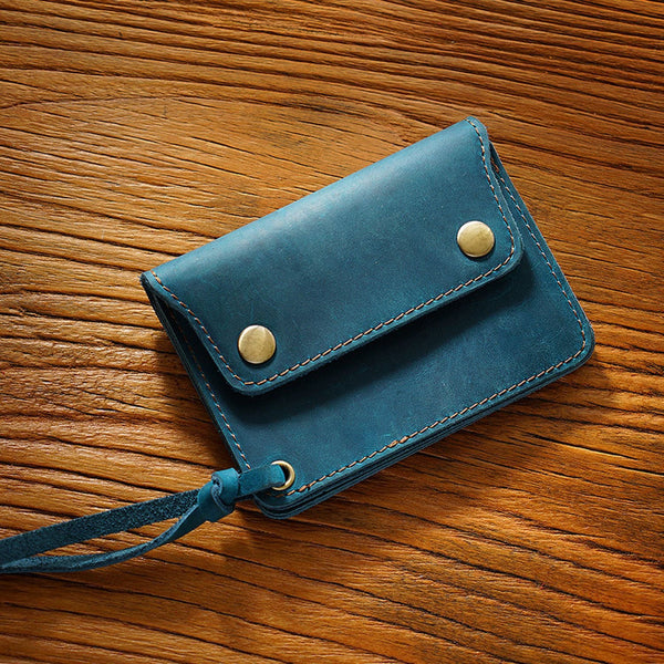 Handmade Crazy Horse Leather Wallet Vintage Coin Purse Zipper Card Holder With Strap Snap Closure Top Layer Cowhide 12Cm Wallets