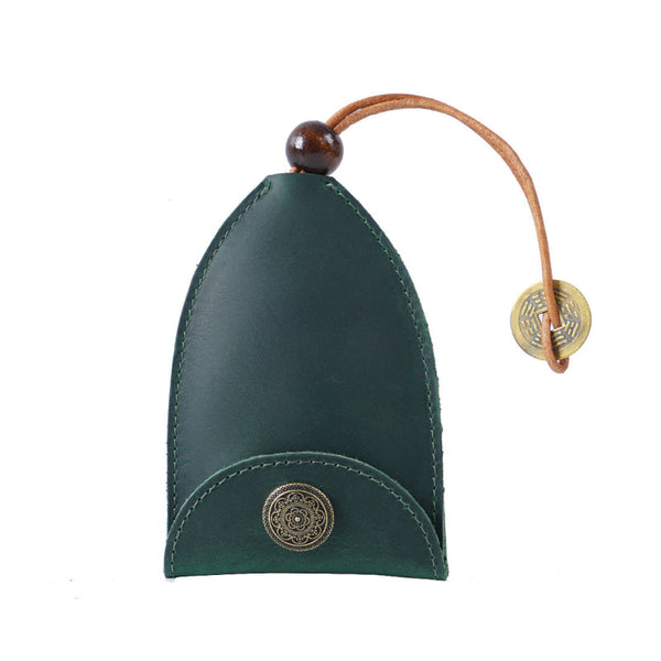 Green Crazy Horse Leather Key Organizer Handmade Pull Out Car Case & Home Holder With Retro Coin Charm Key Holders