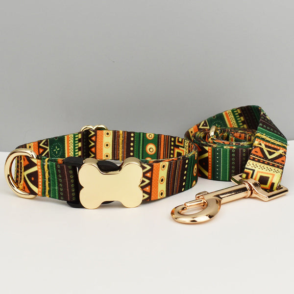 Small Green Yellow Boho Patterned Dog Collar With Gold Metal Bone Buckle Adjustable Tribal Leopard Print Neck Strap For Puppies Dogs Leads & Head Coll