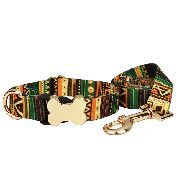 Small Green Yellow Boho Patterned Dog Collar With Gold Metal Bone Buckle Adjustable Tribal Leopard Print Neck Strap For Puppies Dogs Leads & Head Coll