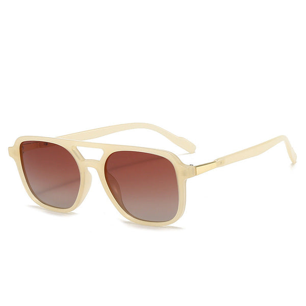 Beige Retro Double Bridge Square Frame Polarized Driving Protection Eyewear Sunglasses