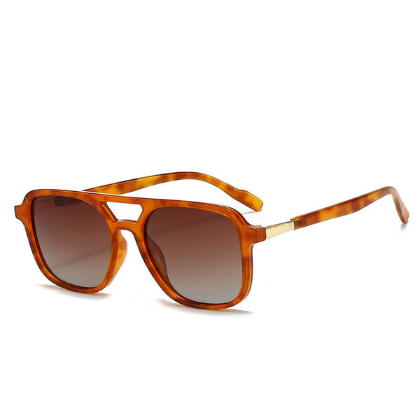 Amber Hued Tea Retro Double Bridge Square Frame Polarized Driving Protection Eyewear Sunglasses