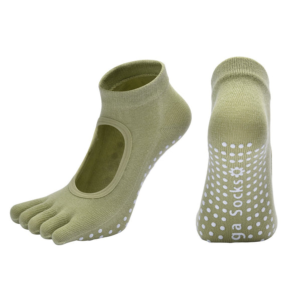 Green 3 Pack Women's Non Slip Five Finger Yoga Open Back Combed Cotton Pilates & Fitness Grip For Professional Exercise Socks