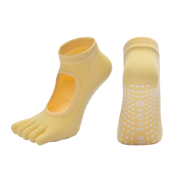 Yellow 3 Pack Women's Non Slip Five Finger Yoga Socks Open Back Combed Cotton Pilates & Fitness Grip For Professional Exercise Womens Socks