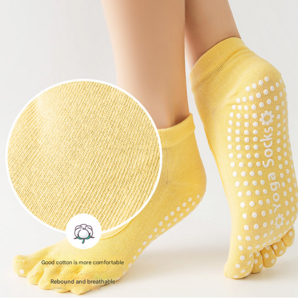 Yellow 3 Pack Women's Non Slip Five Finger Yoga Socks Open Back Combed Cotton Pilates & Fitness Grip For Professional Exercise Womens Socks