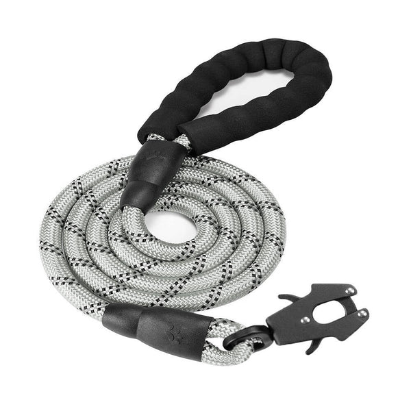 Grey High Strength Nylon Rope Dog Leash | 1.5M Heavy Duty Lead With Anodized Frog Clip Padded Comfort Handle For Training Leads & Head Collars
