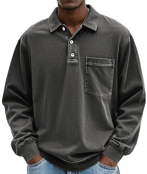 S Black Men's Premium Long Sleeve Polo Shirt | Vintage Washed Relaxed Fit Casual Loose Buttoned Lapel Top Casual Shirts