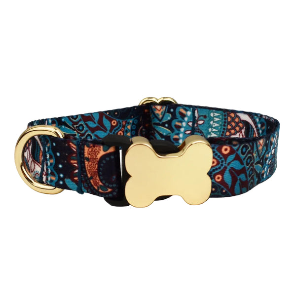 L Blue Print Boho Patterned Dog Collar With Gold Metal Bone Buckle Adjustable Tribal & Leopard Neck Strap For Puppies Dogs Dog Collars