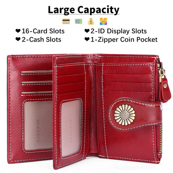 Red Women's Short Leather Wallet European Style Waxed Coin Purse With Zipper Card Holder In Wallets
