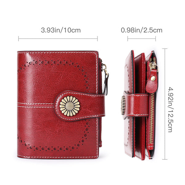 Red Women's Short Leather Wallet European Style Waxed Coin Purse With Zipper Card Holder In Wallets
