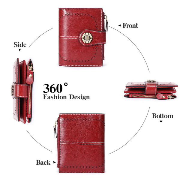 Red Women's Short Leather Wallet European Style Waxed Coin Purse With Zipper Card Holder In Wallets