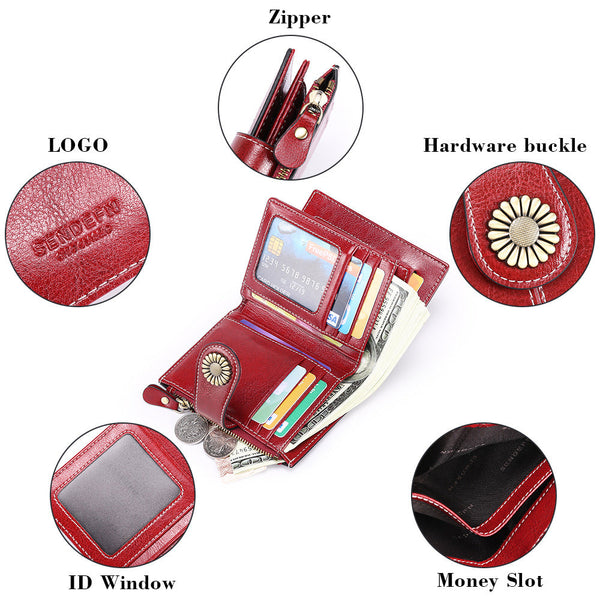 Red Women's Short Leather Wallet European Style Waxed Coin Purse With Zipper Card Holder In Wallets