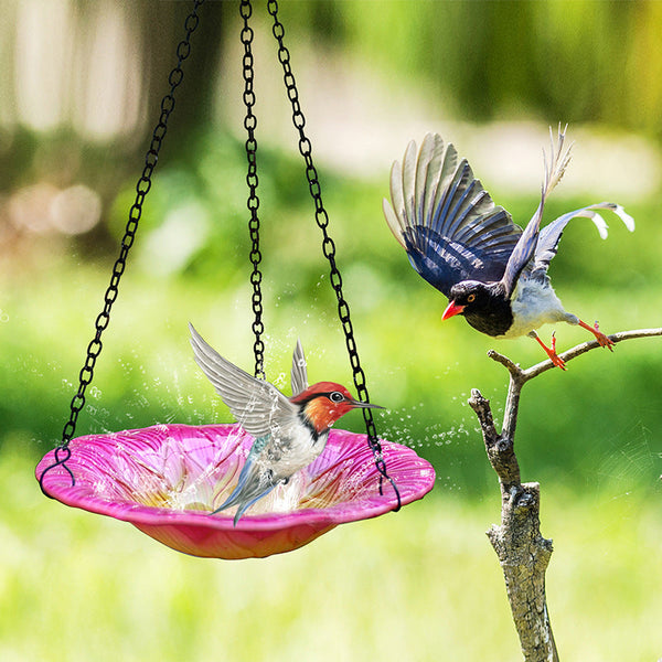 Red Decorative Hanging Glass Flower Bird Bath 8.1 Inch Vibrant Outdoor Garden Accent Bird Baths